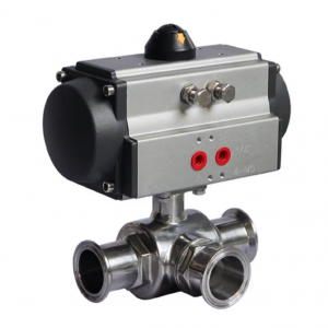 วาล์วบอลสแตนเลส 304 แบบสามทาง พร้อมแคลมป์แบบสาม (Tri Clamp) สำหรับงานสุขภัณฑ์ ขับเคลื่อนด้วยนิวเมติกแบบดับเบิลแอคติ้ง