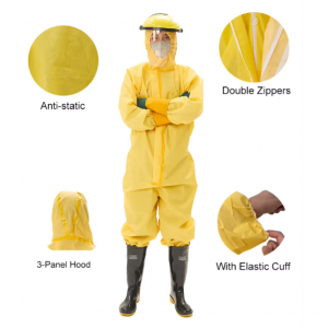 ชุดคลุมป้องกันแบบใช้แล้วทิ้ง ป้องกันสารเคมีและน้ำมัน พร้อมเทปเสริม (Anti Acid Hazmat PPE Safety Suits)