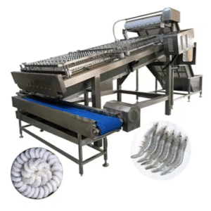 เครื่องปอกเปลือกและผ่าหลังกุ้ง/จัดเกรดกุ้งอัตโนมัติ (Automatic Shrimp Peeling, Deveining, and Grading Machine)